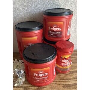 Lot of 5 Empty Folgers Plastic Coffee Cans 8, 25 and 43.5 oz Storage Containers